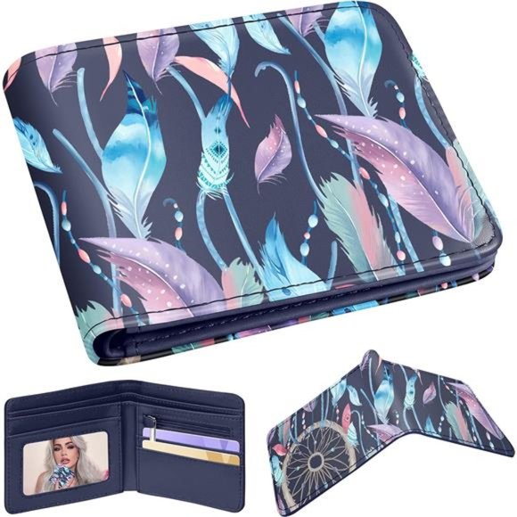 Cute Wallet for Teen Boys Great Wave Leather Bifold e-Dream Catcher